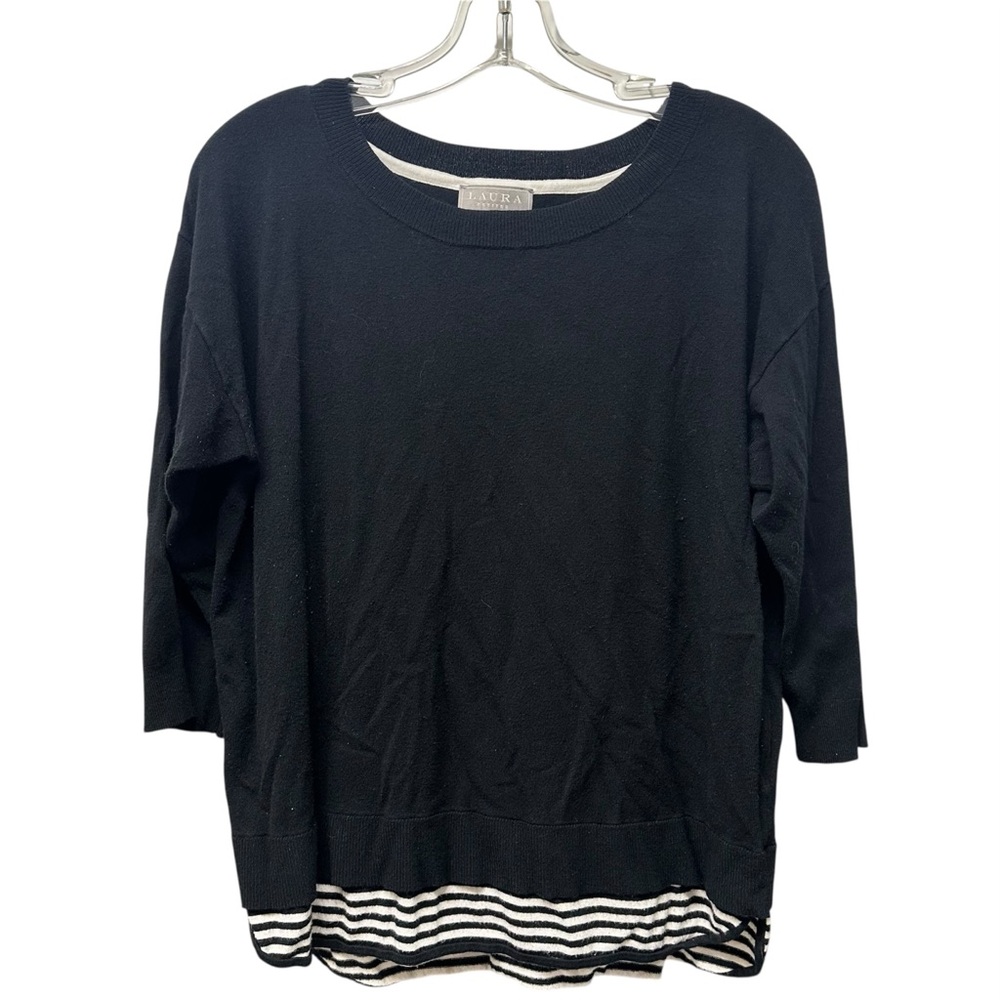 LAURA Petites Lightweight Black Sweater with Striped Hem L